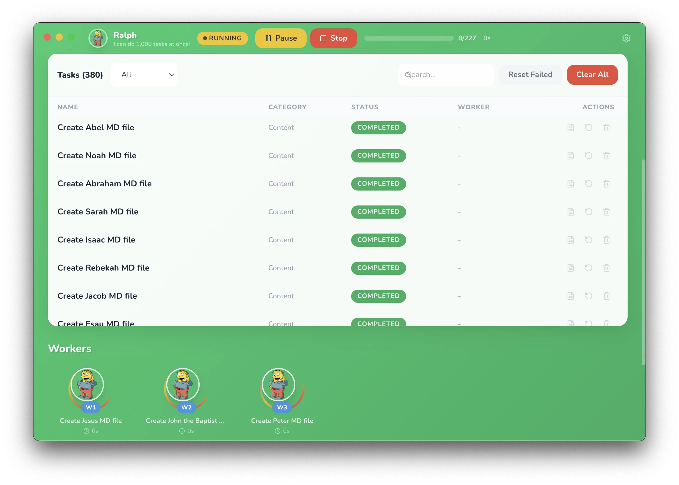 Ralph app running - task list with completed statuses and 3 active workers processing tasks